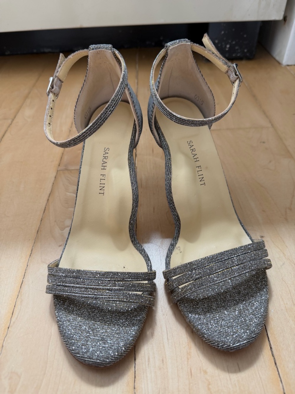 Sarah Flint Glitter Ankle-Strap Open-Toe Heels in Gunmetal
